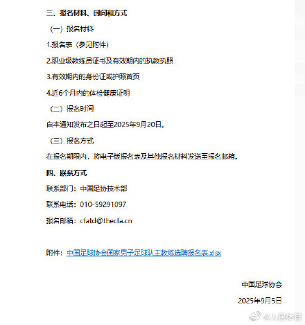 国足主帅公开选聘：报名时间9月5日至9月20需满足七大条件的简单介绍